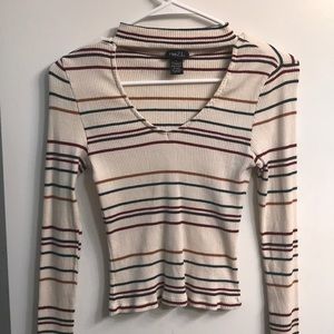 Cream striped long sleeve crop top